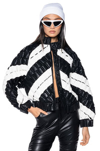 Tori Quilted Puffy Woven Faux Leather Bomber Jacket