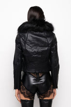 Delvea Black Bonded Leather Moto Jacket w/ Fur Collar