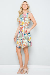 Cremini Light Blue Mushroom Print Skater Dress with Pockets, Lining and Back Tie