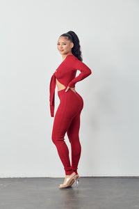 Dayna Red Open Front Long Sleeve Jumpsuit