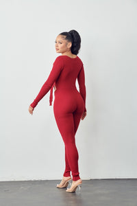 Dayna Red Open Front Long Sleeve Jumpsuit