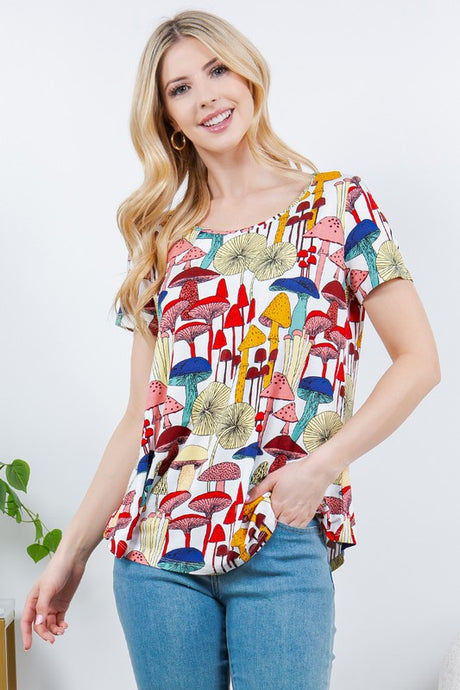 Morchella Multi Colorful Mushroom Print Short Sleeve Top
