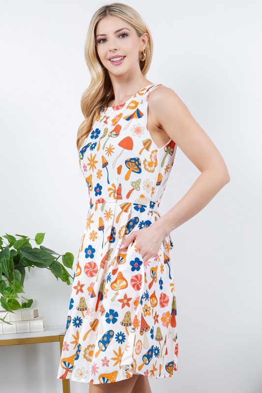 Velma White Multi-Colorful Mushroom Print Dress