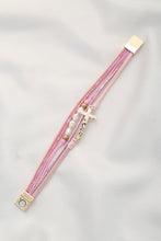Cross Pearl Bead PU Leather Magnetic Pink Bracelet