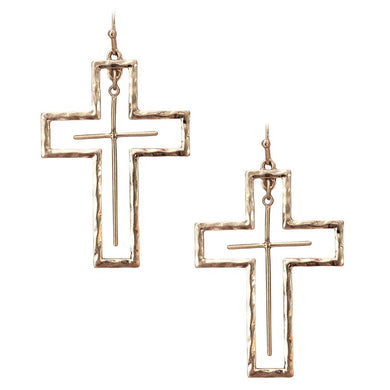 Hammered Metal Cross Dangle Gold Earrings