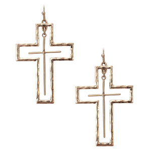 Hammered Metal Cross Dangle Gold Earrings