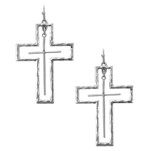 Hammered Metal Cross Dangle Silver Earrings
