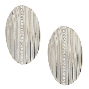 Lined Oval Rhinestone Metal Silver Earrings