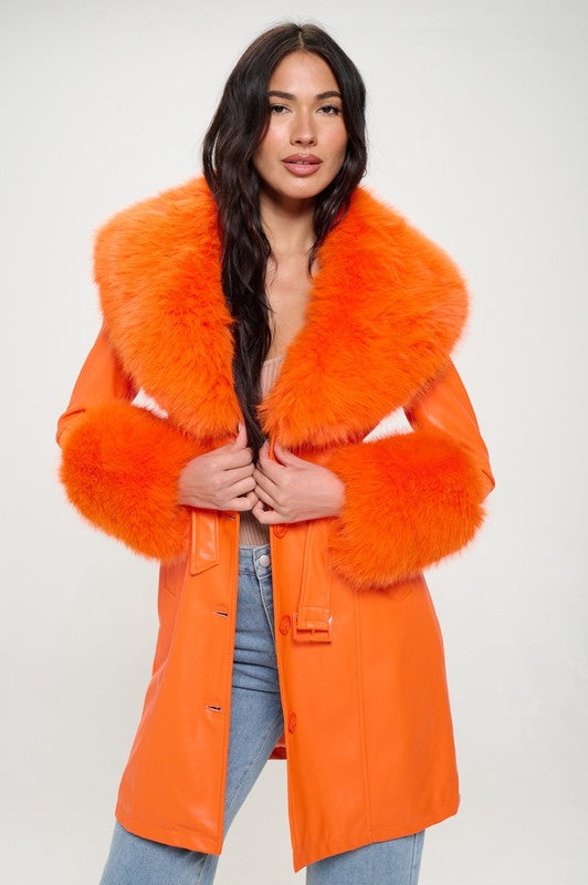 Sabrina Orange Vegan Leather Penny Coat