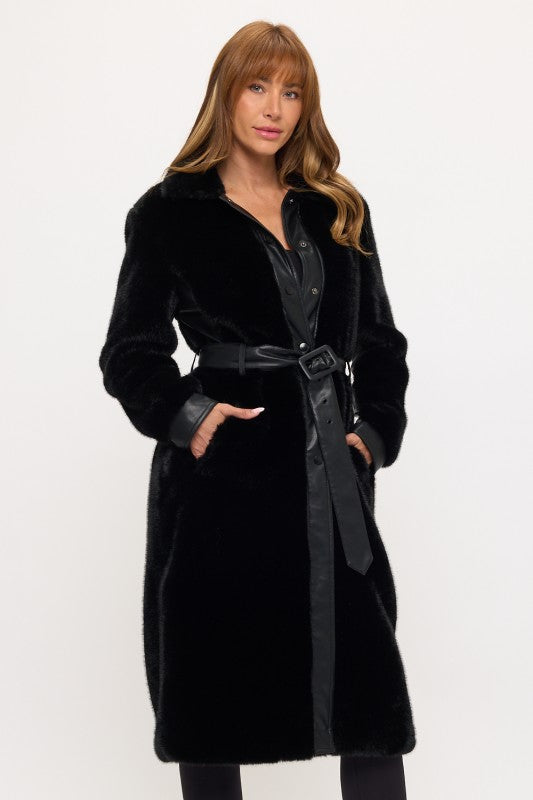 Sofia Black Belted Faux Fur Coat