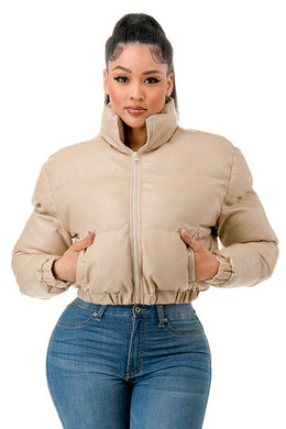Carissa Almond Faux Leather Puffer Bomber Jacket
