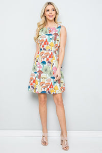 Cremini Light Blue Mushroom Print Skater Dress with Pockets, Lining and Back Tie