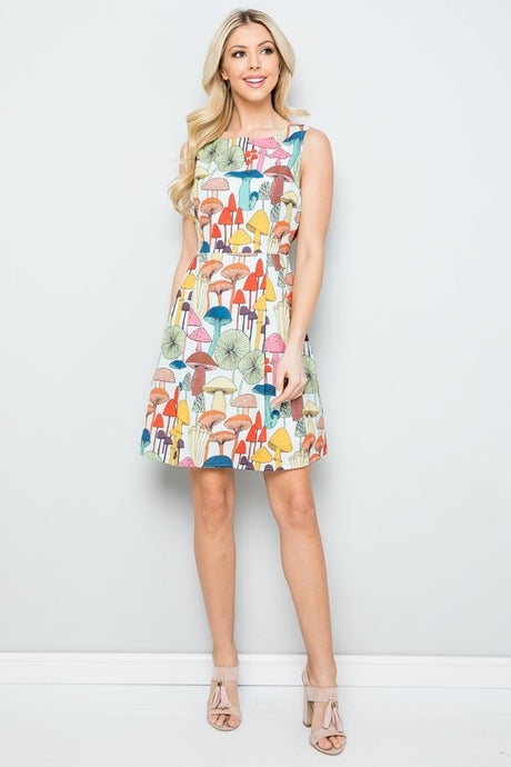 Cremini Light Blue Mushroom Print Skater Dress with Pockets, Lining and Back Tie