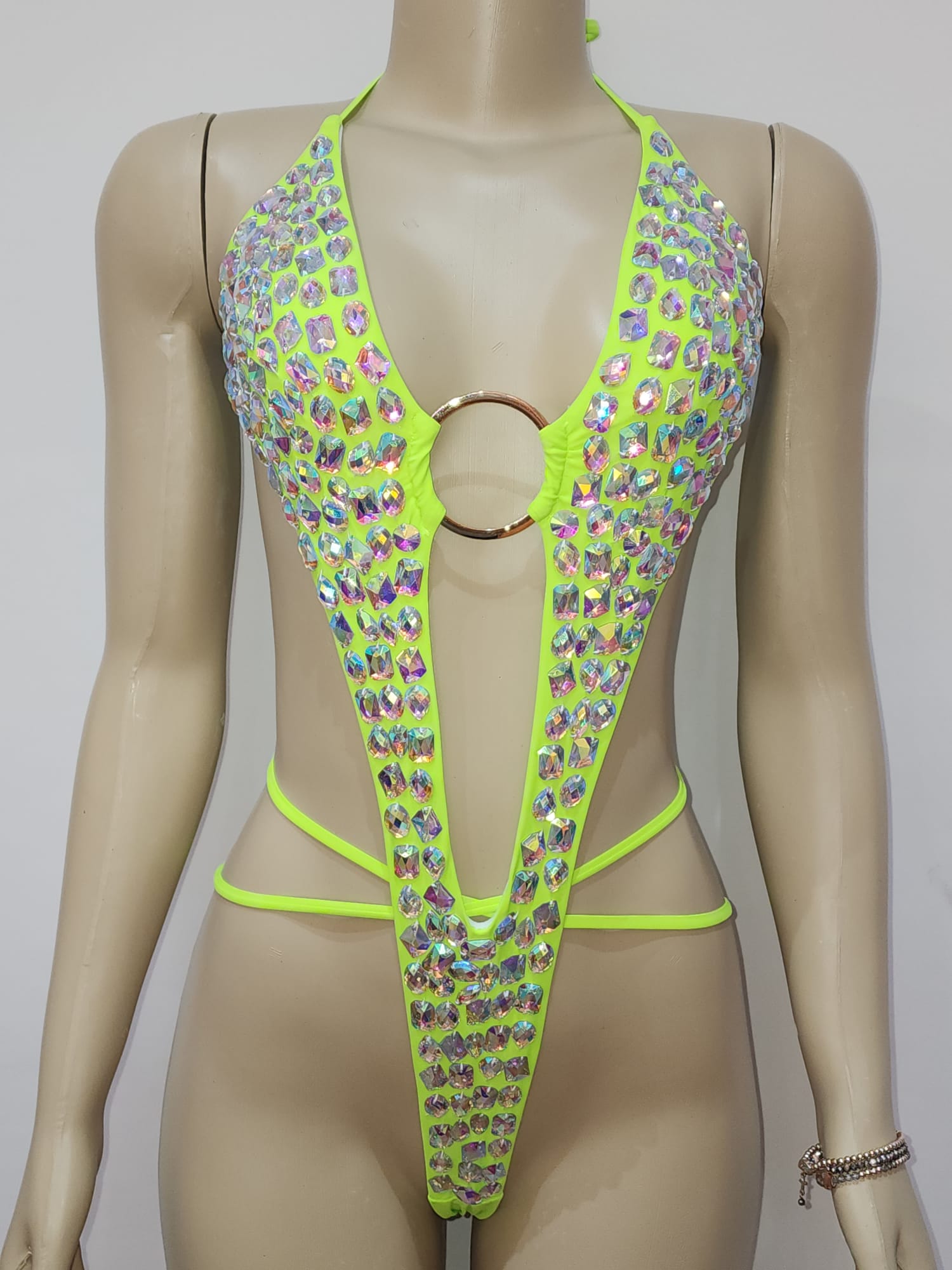 Gigi Neon Green Rhinestone Iridescent Diamond Bikini