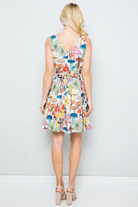 Cremini Light Blue Mushroom Print Skater Dress with Pockets, Lining and Back Tie