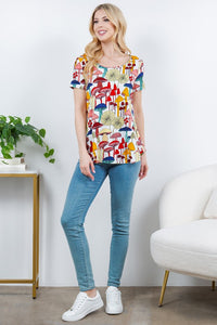 Morchella Multi Colorful Mushroom Print Short Sleeve Top