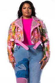 Alanis Pink Studded Floral Faux Leather Belted Crop Moto Jacket
