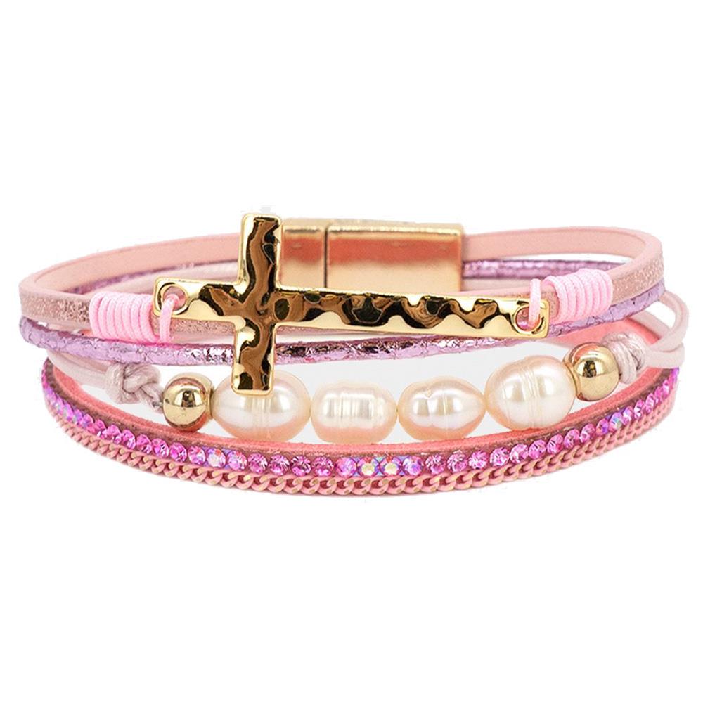 Cross Pearl Bead PU Leather Magnetic Pink Bracelet
