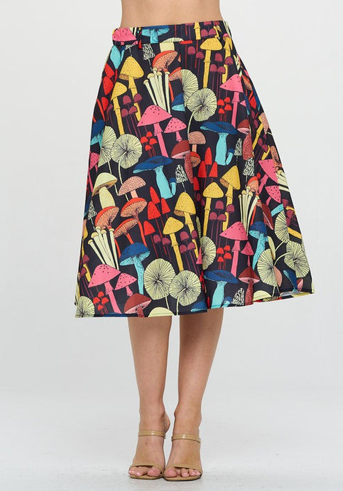 Truffle Black Multi Mushroom Print Swing Skirt