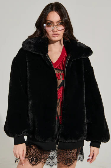 Brenda Black Faux Fur Oversized Zip Up Jacket