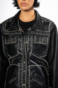 Black Rhinestone Studded PU Jacket