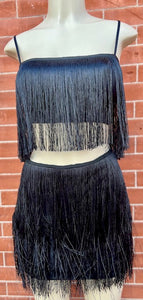 Lola Black Fringe Mini Skirt and Crop Top Two-Piece Set