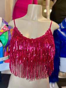 Arianna Hot Pink Sequins Fringe Crop Top