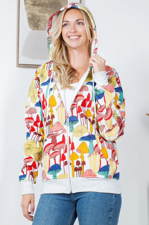 Alice White Whimsical Mushroom Fleece Zipper Hoodie
