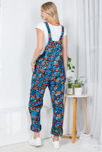 Retro Blue and Orange Floral Printed Corduroy Overalls