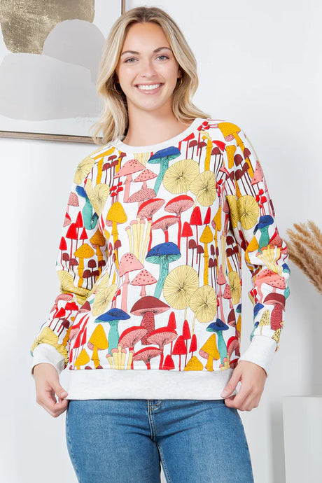 Elara White Colorful Mushroom Fleece Sweatshirt