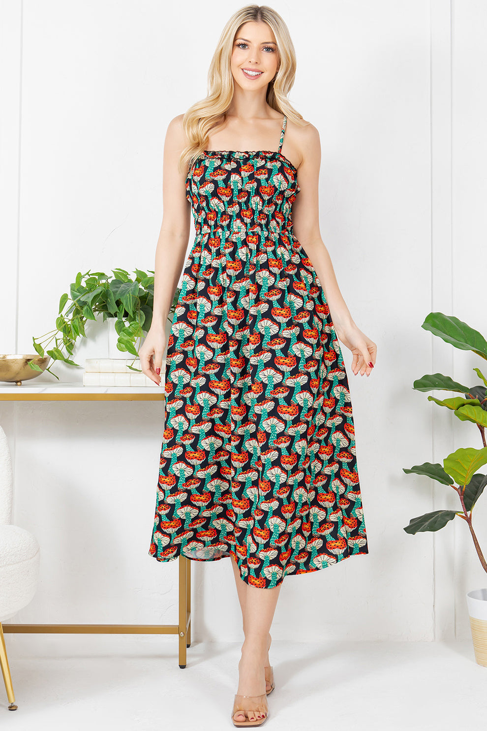 Ladybug Fungi Black Multicolor Print Cami Dress