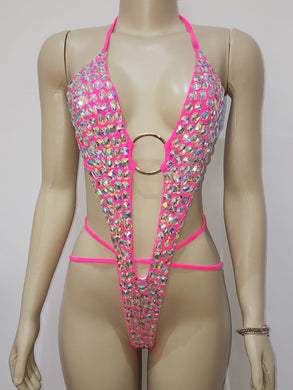 Gigi Neon Pink Rhinestone Iridescent Diamond Bikini