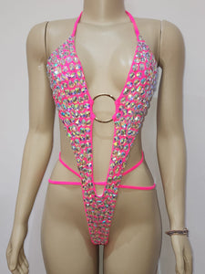 Gigi Neon Pink Rhinestone Iridescent Diamond Bikini