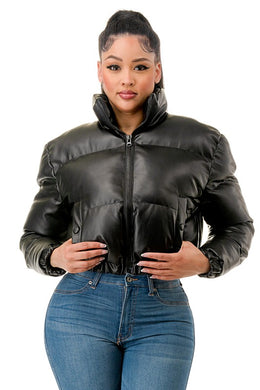 Carissa Black Faux Leather Puffer Bomber Jacket