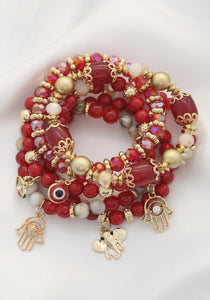 Red Stone Hamsa Evil Eye Charm Stretch Bracelet Set