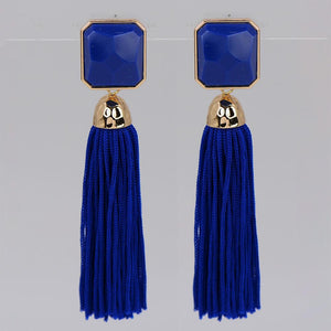 Blue Square Bead Tassel Dangle Earrings