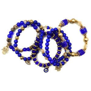 Blue Stone Hamsa Evil Eye Charm Stretch Bracelet Set