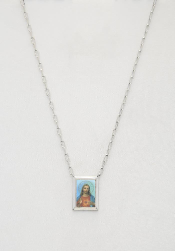 Silver Religious Pendant Paperclip Link Necklace