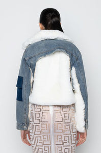 Audrey Blue Denim Jacket w/ White Fur Trim and Back