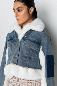 Audrey Blue Denim Jacket w/ White Fur Trim and Back