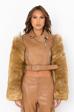Foxtown Brown Cropped Leather Moto Jacket w/ Fur Sleeves