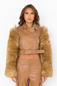 Foxtown Brown Cropped Leather Moto Jacket w/ Fur Sleeves