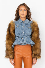 Jayden Blue Denim Jacket w/ Flared Waist and Brown Fur Sleeves