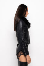 Delvea Black Bonded Leather Moto Jacket w/ Fur Collar