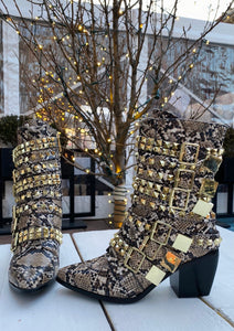 Animal Snake Printed Booties With Gold Ornaments