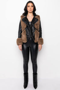Melrose Black Leatherette Jacket With Brown Faux Fur Detail